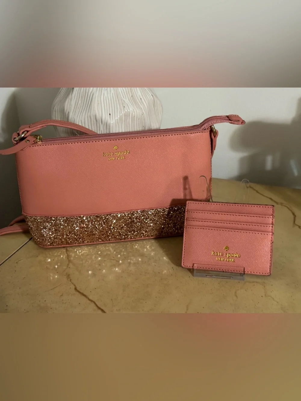 kate spade Coral Pink Crossbody with Glitter Trim & Matching Card Case
